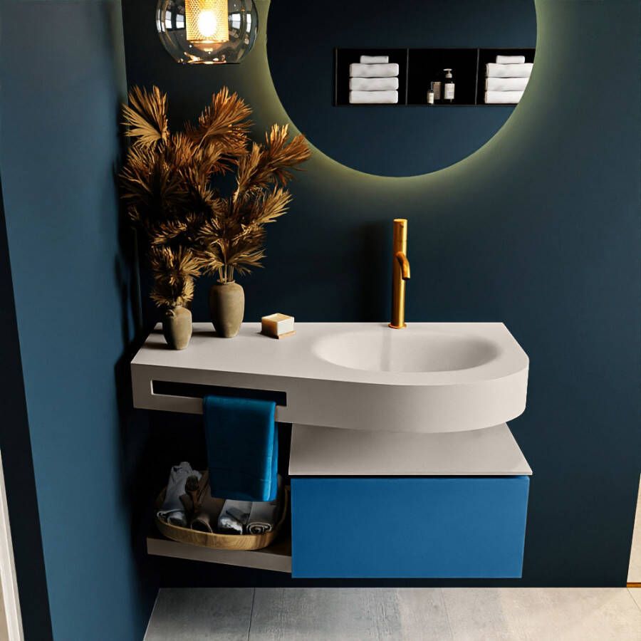 Mondiaz RIVA badmeubelsets 100x50x30cm 1 lade MDF Jeans mat push to open 1 kraangat 1 wasbak rechts Linen solid surface RIVA10620 - Foto 1