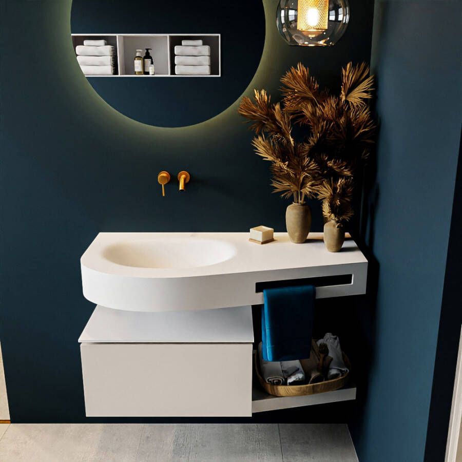 Mondiaz RIVA badmeubelsets 100x50x30cm 1 lade MDF Linen mat push to open 0 kraangaten 1 wasbak links Talc solid surface RIVA10017 - Foto 2