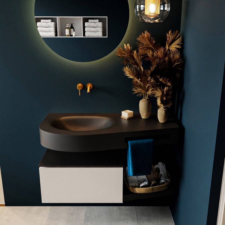 Mondiaz RIVA badmeubelsets 100x50x30cm 1 lade MDF Linen mat push to open 0 kraangaten 1 wasbak links Urban solid surface RIVA10193