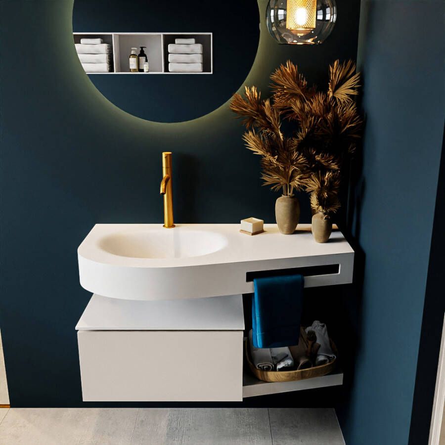 Mondiaz RIVA badmeubelsets 100x50x30cm 1 lade MDF Linen mat push to open 1 kraangat 1 wasbak links Talc solid surface RIVA10019