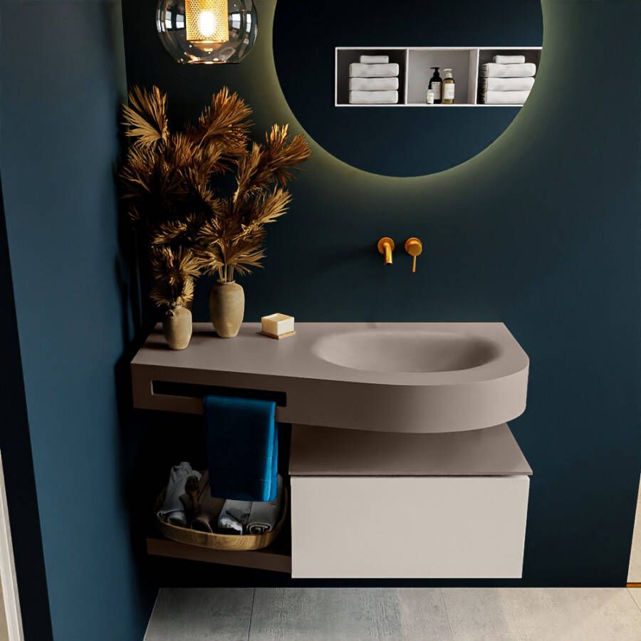 Mondiaz RIVA badmeubelsets 100x50x30cm 1 lade MDF Linen mat push to open 0 kraangaten 1 wasbak rechts Smoke solid surface RIVA10898