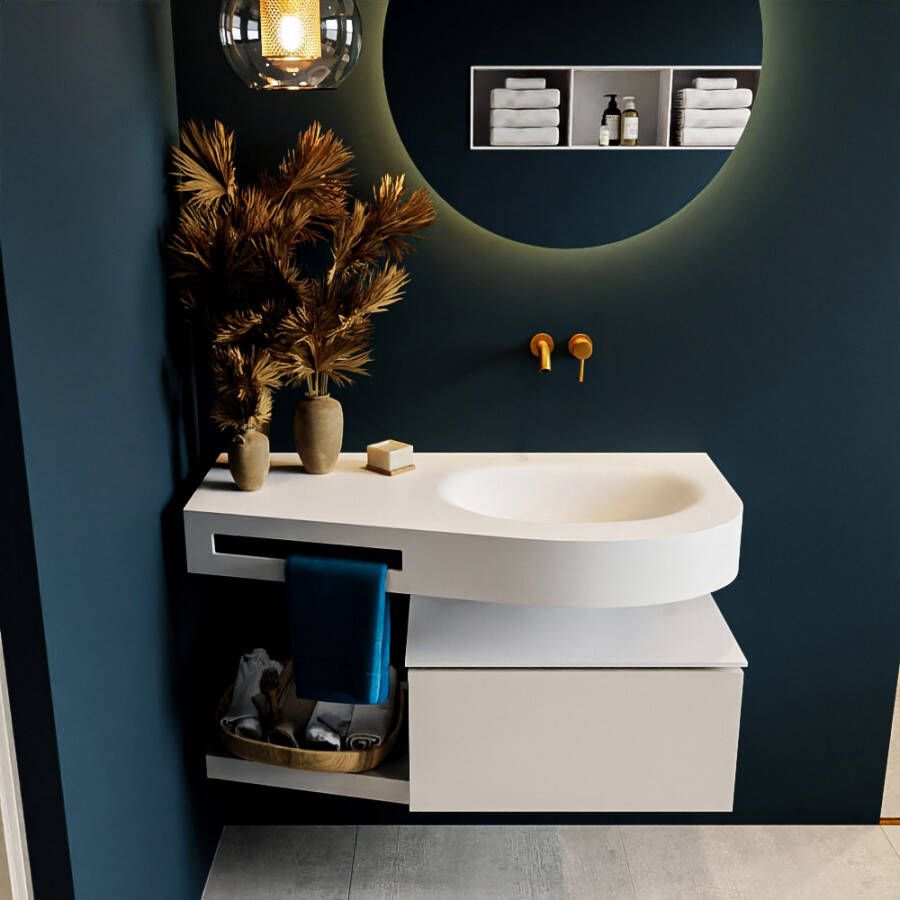 Mondiaz RIVA Badkamermeubelset 100x50x30cm 1 lade MDF Linen mat push to open 0 kraangaten wasbak rechts solid surface talc RIVA10018