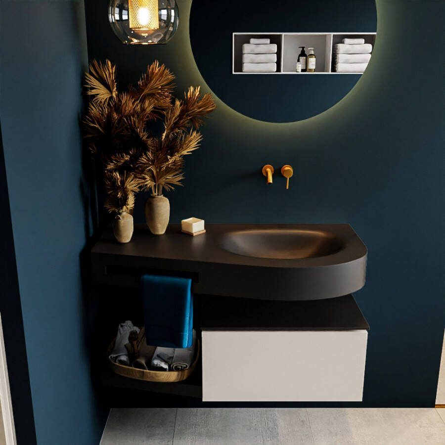 Mondiaz RIVA badmeubelsets 100x50x30cm 1 lade MDF Linen mat push to open 0 kraangaten 1 wasbak rechts Urban solid surface RIVA10194