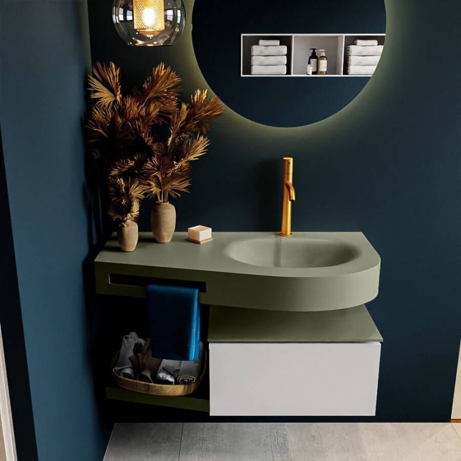 Mondiaz RIVA badmeubelsets 100x50x30cm 1 lade MDF Linen mat push to open 1 kraangat 1 wasbak rechts Army solid surface RIVA10724