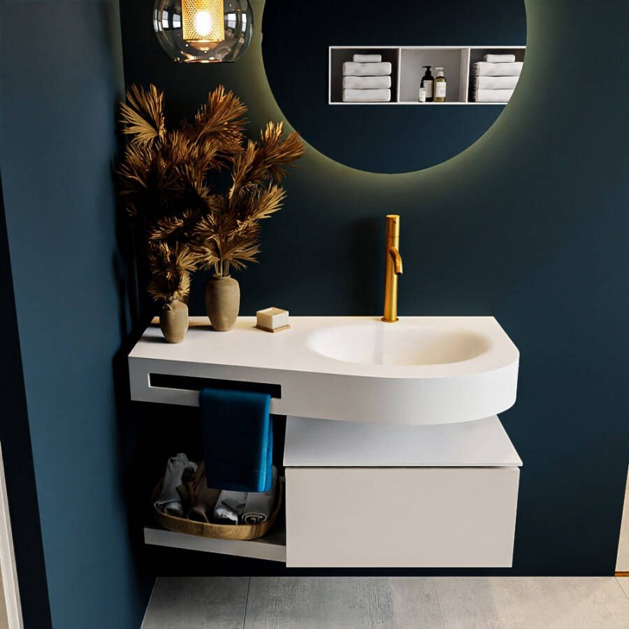 Mondiaz RIVA badmeubelsets 100x50x30cm 1 lade MDF Linen mat push to open 1 kraangat 1 wasbak rechts Talc solid surface RIVA10020