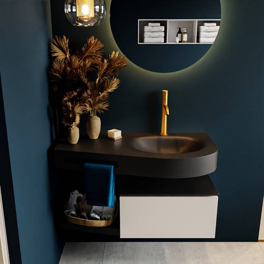 Mondiaz RIVA badmeubelsets 100x50x30cm 1 lade MDF Linen mat push to open 1 kraangat 1 wasbak rechts Urban solid surface RIVA10196