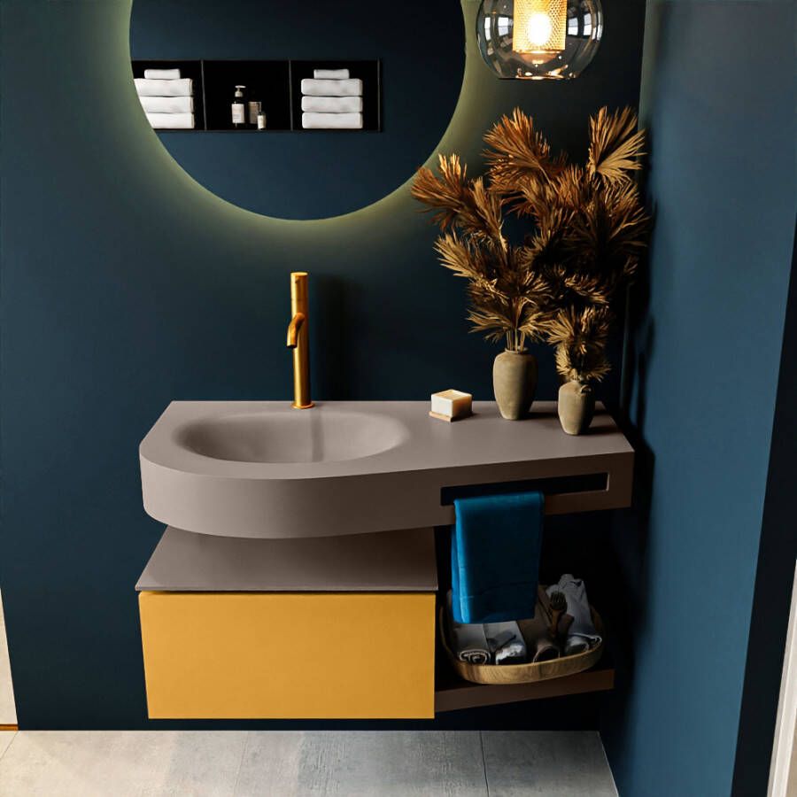 Mondiaz RIVA badmeubelsets 100x50x30cm 1 lade MDF Ocher mat push to open 1 kraangat 1 wasbak links Smoke solid surface RIVA10979