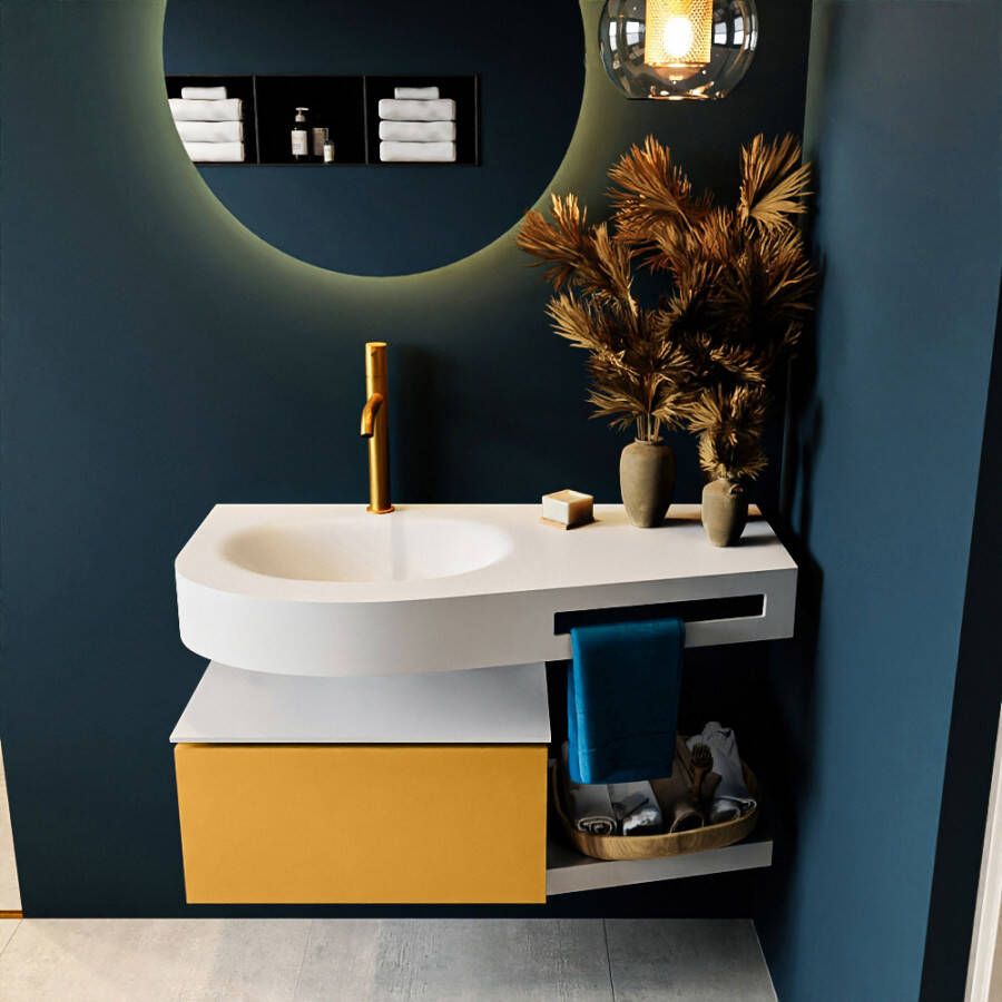 Mondiaz RIVA badmeubelsets 100x50x30cm 1 lade MDF Ocher mat push to open 1 kraangat 1 wasbak links Talc solid surface RIVA10099