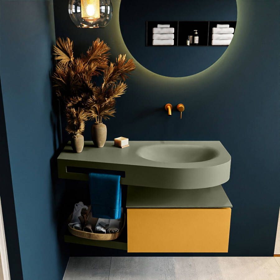 Mondiaz RIVA badmeubelsets 100x50x30cm 1 lade MDF Ocher mat push to open 0 kraangaten 1 wasbak rechts Army solid surface RIVA10802