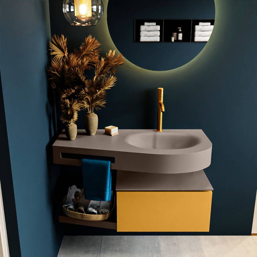 Mondiaz RIVA badmeubelsets 100x50x30cm 1 lade MDF Ocher mat push to open 1 kraangat 1 wasbak rechts Smoke solid surface RIVA10980