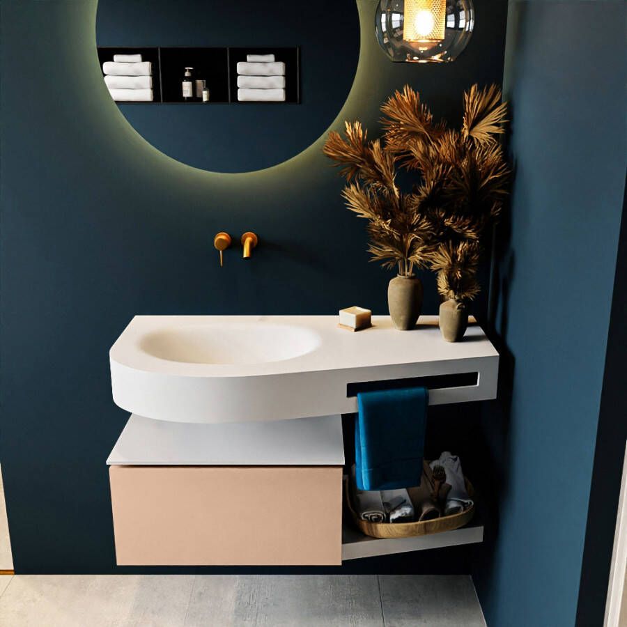 Mondiaz RIVA badmeubelsets 100x50x30cm 1 lade MDF Rosee mat push to open 0 kraangaten 1 wasbak links Talc solid surface RIVA10113