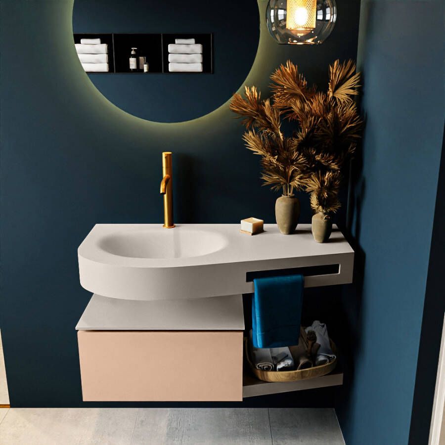 Mondiaz RIVA badmeubelsets 100x50x30cm 1 lade MDF Rosee mat push to open 1 kraangat 1 wasbak links Linen solid surface RIVA10643