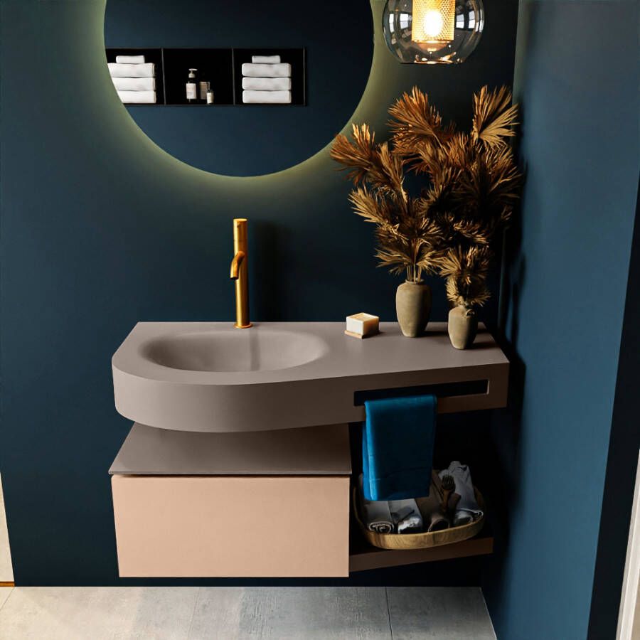 Mondiaz RIVA badmeubelsets 100x50x30cm 1 lade MDF Rosee mat push to open 1 kraangat 1 wasbak links Smoke solid surface RIVA10995