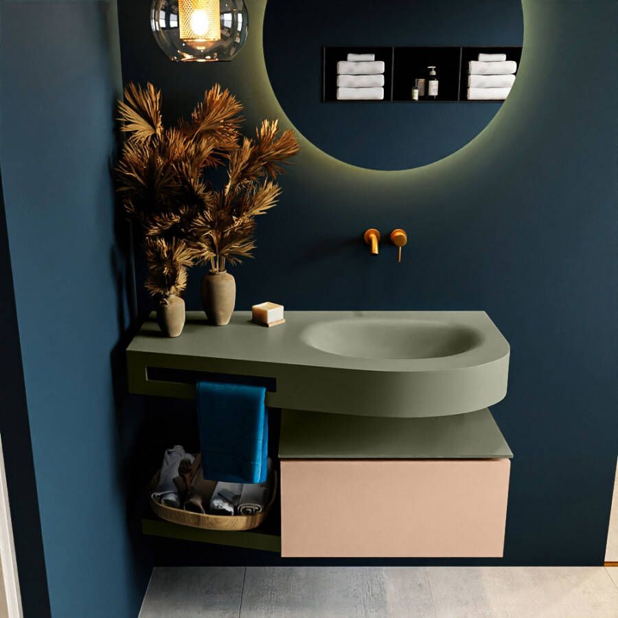 Mondiaz RIVA badmeubelsets 100x50x30cm 1 lade MDF Rosee mat push to open 0 kraangaten 1 wasbak rechts Army solid surface RIVA10818 - Foto 1