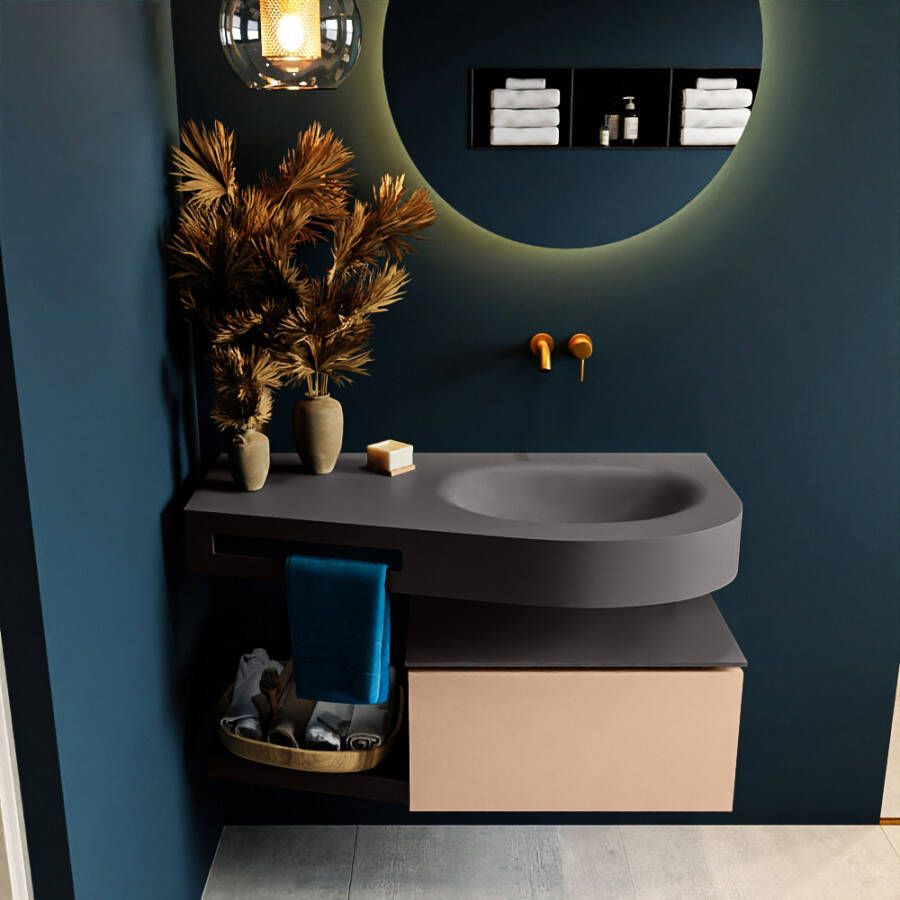 Mondiaz RIVA badmeubelsets 100x50x30cm 1 lade MDF Rosee mat push to open 0 kraangaten 1 wasbak rechts dark grey solid surface RIVA10466