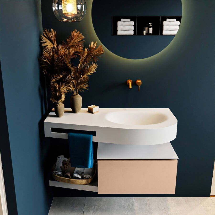 Mondiaz RIVA Badkamermeubelset 100x50x30cm 1 lade MDF Rosee mat push to open 0 kraangaten wasbak rechts solid surface talc RIVA10114