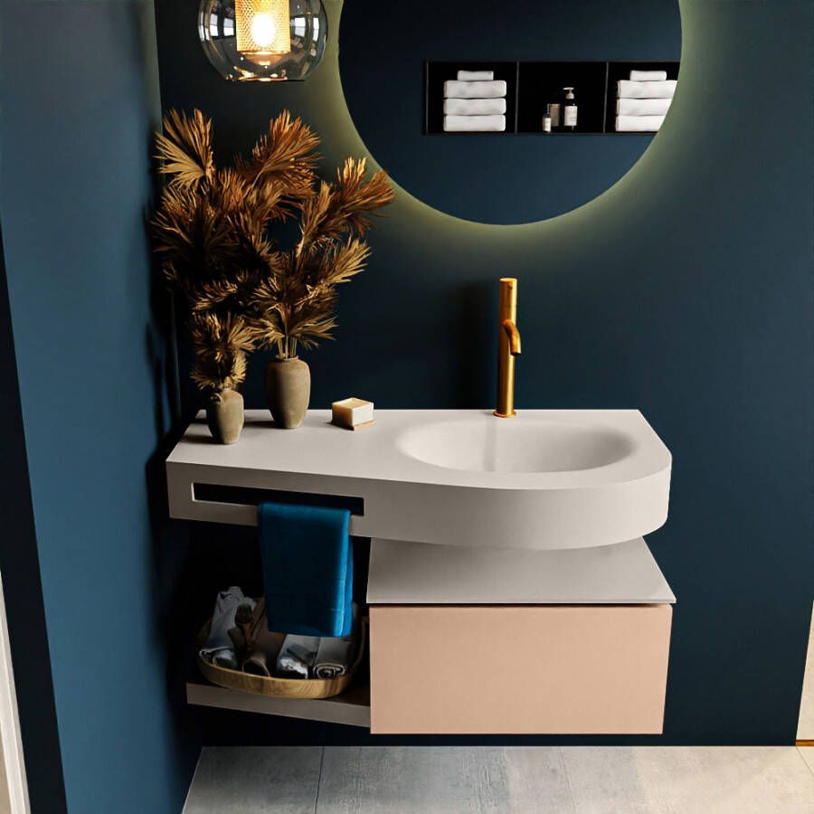 Mondiaz RIVA Badkamermeubelset 100x50x30cm 1 lade MDF Rosee mat push to open 1 kraangat wasbak rechts solid surface linen RIVA10644