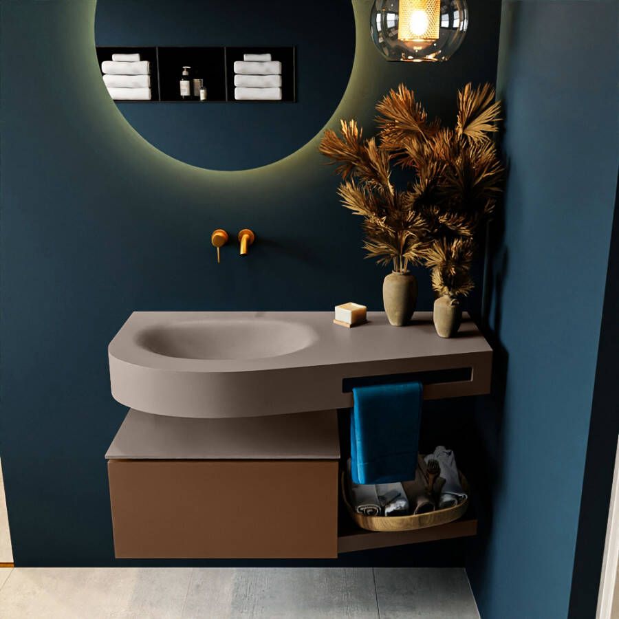 Mondiaz RIVA badmeubelsets 100x50x30cm 1 lade MDF Rust mat push to open 0 kraangaten 1 wasbak links Smoke solid surface RIVA10953