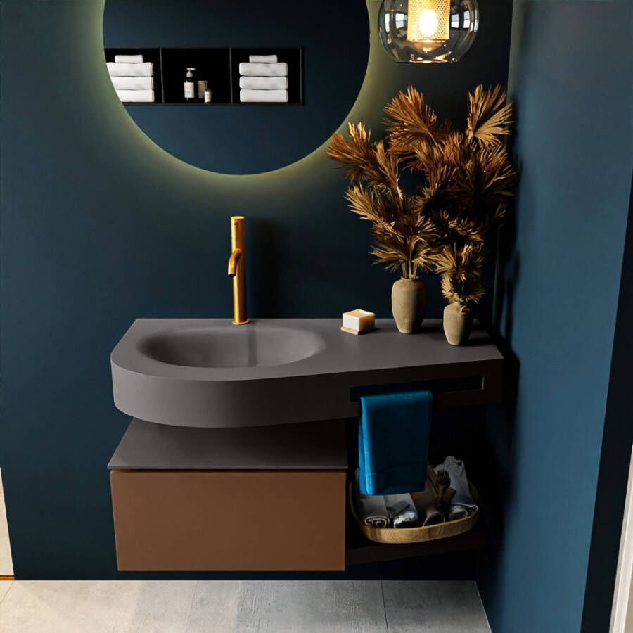 Mondiaz RIVA badmeubelsets 100x50x30cm 1 lade MDF Rust mat push to open 1 kraangat 1 wasbak links dark grey solid surface RIVA10427