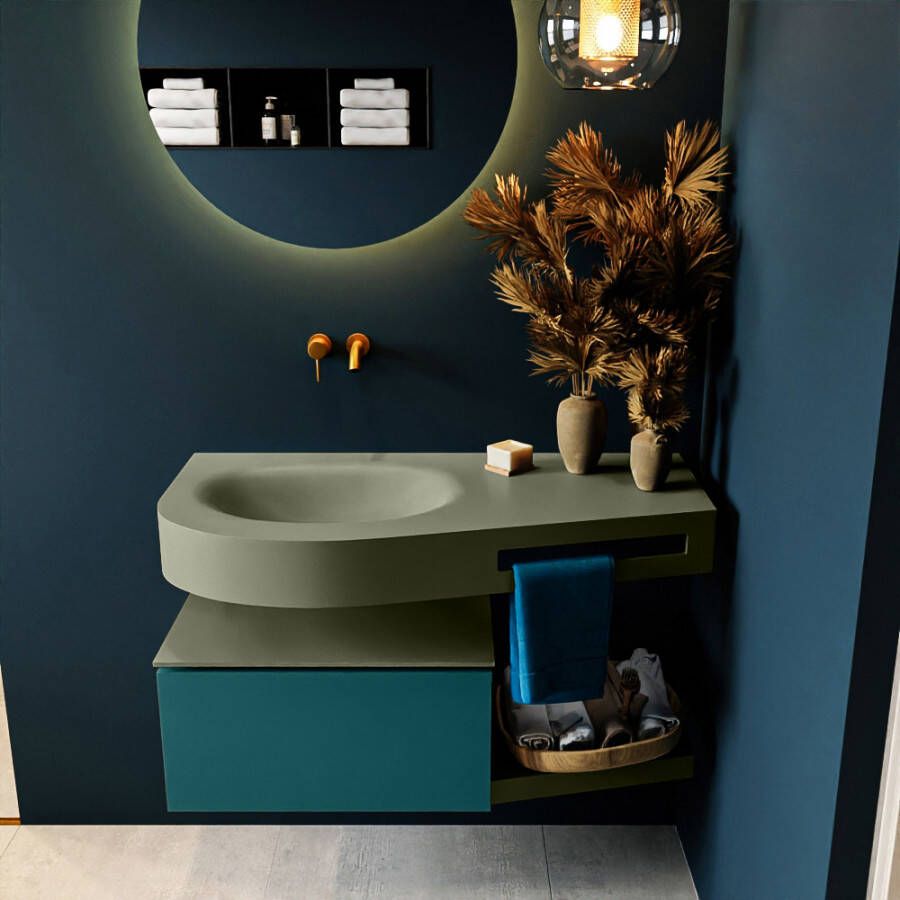 Mondiaz RIVA badmeubelsets 100x50x30cm 1 lade MDF Smag mat push to open 0 kraangaten 1 wasbak links Army solid surface RIVA10809