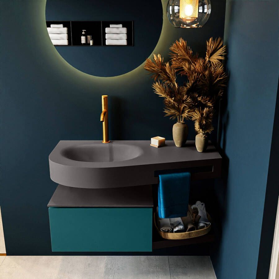 Mondiaz RIVA badmeubelsets 100x50x30cm 1 lade MDF Smag mat push to open 1 kraangat 1 wasbak links dark grey solid surface RIVA10459
