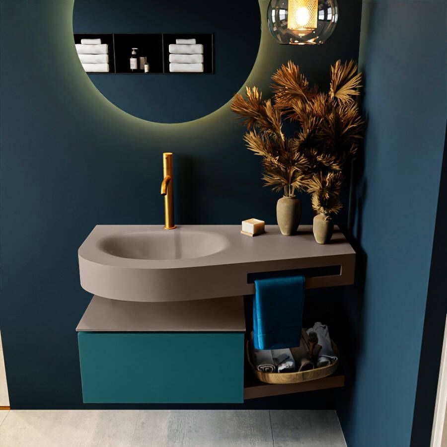 Mondiaz RIVA badmeubelsets 100x50x30cm 1 lade MDF Smag mat push to open 1 kraangat 1 wasbak links Smoke solid surface RIVA10987