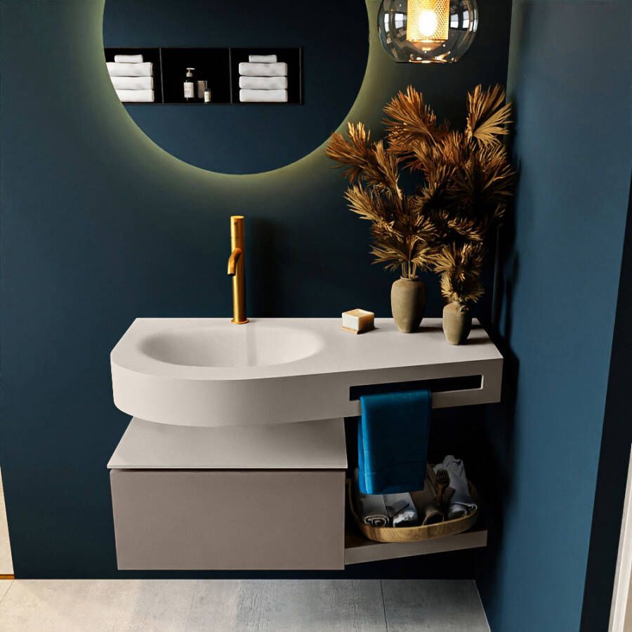 Mondiaz RIVA badmeubelsets 100x50x30cm 1 lade MDF Smoke mat push to open 1 kraangat 1 wasbak links Linen solid surface RIVA10571 - Foto 1