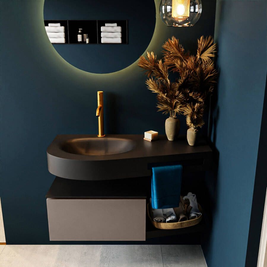 Mondiaz RIVA badmeubelsets 100x50x30cm 1 lade MDF Smoke mat push to open 1 kraangat 1 wasbak links Urban solid surface RIVA10219