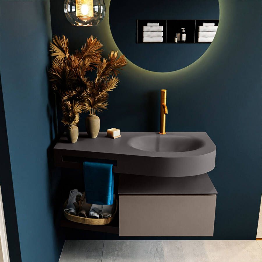 Mondiaz RIVA badmeubelsets 100x50x30cm 1 lade MDF Smoke mat push to open 1 kraangat 1 wasbak rechts dark grey solid surface RIVA10396