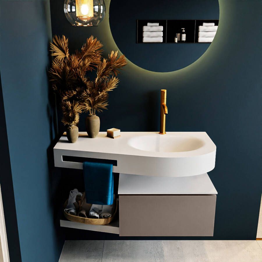 Mondiaz RIVA badmeubelsets 100x50x30cm 1 lade MDF Smoke mat push to open 1 kraangat 1 wasbak rechts Talc solid surface RIVA10044