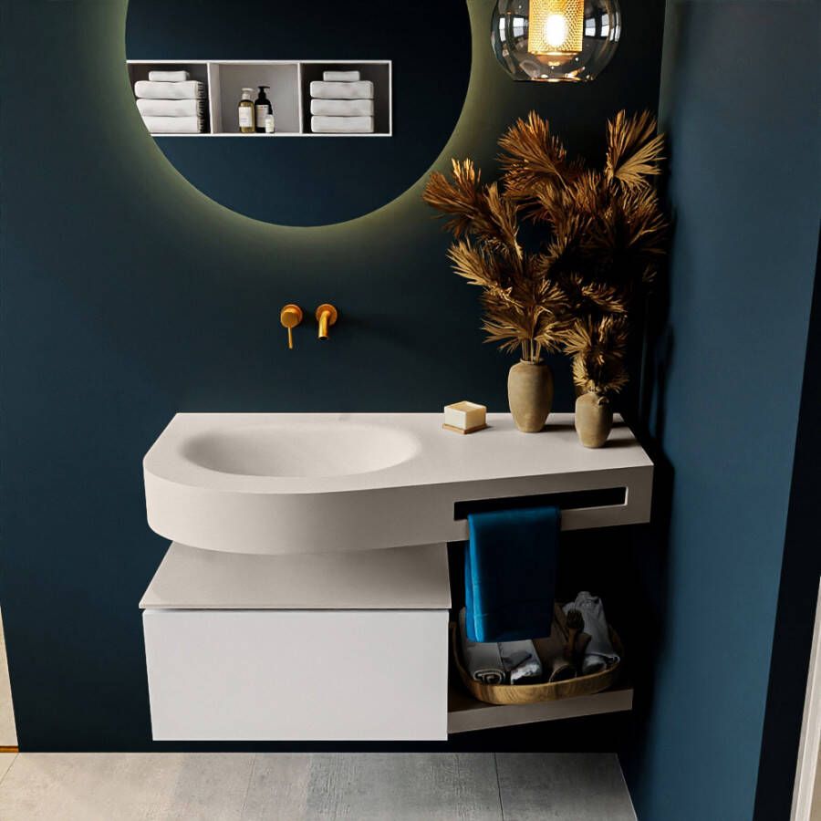 Mondiaz RIVA badmeubelsets 100x50x30cm 1 lade MDF Talc mat push to open 0 kraangaten 1 wasbak links Linen solid surface RIVA10529