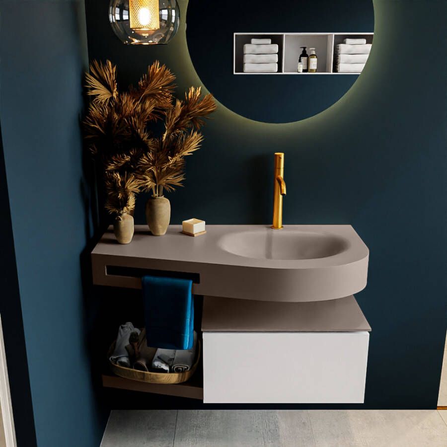 Mondiaz RIVA badmeubelsets 100x50x30cm 1 lade MDF Talc mat push to open 1 kraangat 1 wasbak rechts Smoke solid surface RIVA10884