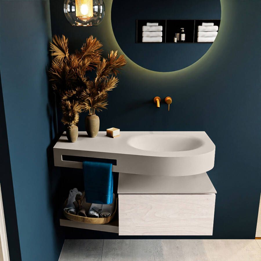 Mondiaz RIVA badmeubelsets 100x50x30cm 1 lade MDF Underlayment mat push to open 0 kraangaten 1 wasbak rechts Linen solid surface RIVA10682 - Foto 2