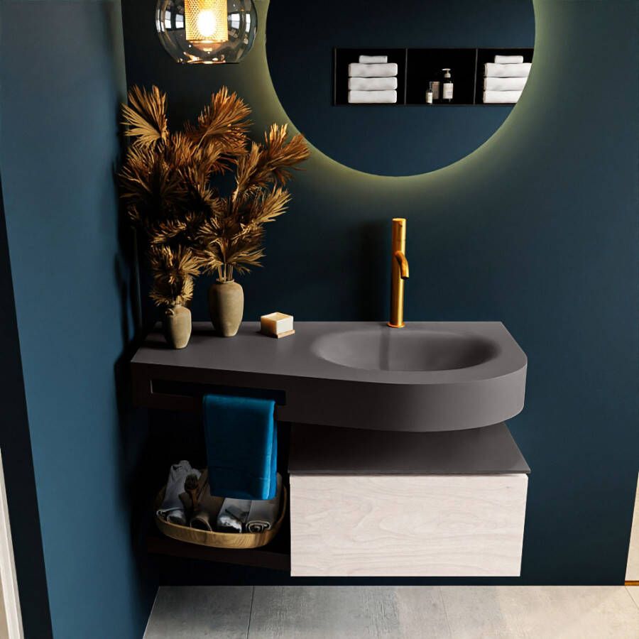 Mondiaz RIVA badmeubelsets 100x50x30cm 1 lade MDF Underlayment mat push to open 1 kraangat 1 wasbak rechts dark grey solid surface RIVA10508