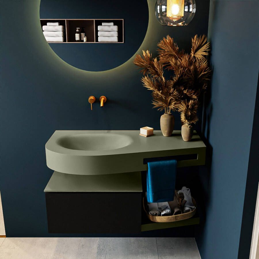 Mondiaz RIVA badmeubelsets 100x50x30cm 1 lade MDF Urban mat push to open 0 kraangaten 1 wasbak links Army solid surface RIVA10713 - Foto 2