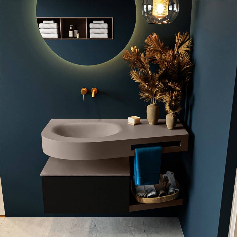 Mondiaz RIVA badmeubelsets 100x50x30cm 1 lade MDF Urban mat push to open 0 kraangaten 1 wasbak links Smoke solid surface RIVA10889