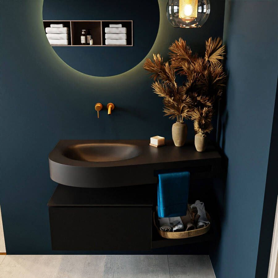 Mondiaz RIVA badmeubelsets 100x50x30cm 1 lade MDF Urban mat push to open 0 kraangaten 1 wasbak links Urban solid surface RIVA10185