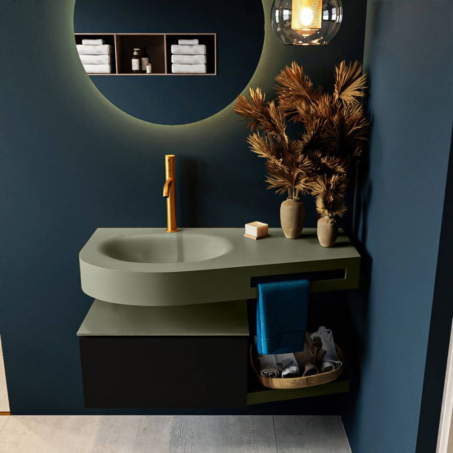 Mondiaz RIVA badmeubelsets 100x50x30cm 1 lade MDF Urban mat push to open 1 kraangat 1 wasbak links Army solid surface RIVA10715 - Foto 1