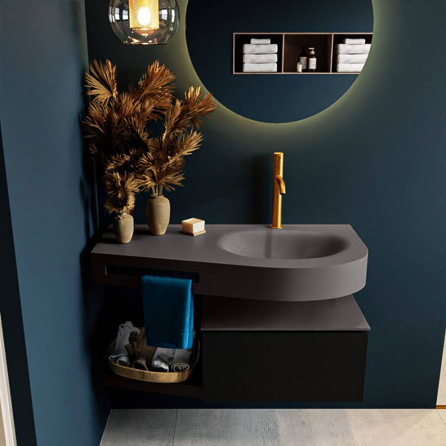 Mondiaz RIVA Badkamermeubelset 100x50x30cm 1 lade MDF Urban mat push to open 1 kraangat wasbak rechts solid surface darkgrey RIVA10364