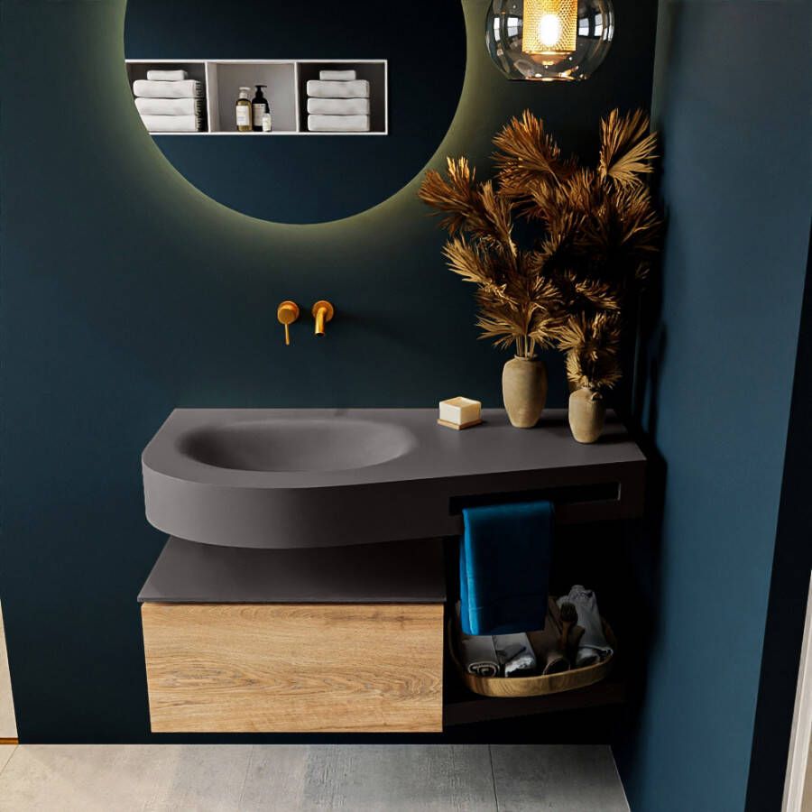Mondiaz RIVA badmeubelsets 100x50x30cm 1 lade MDF Washed Oak mat push to open 0 kraangaten 1 wasbak links dark grey solid surface RIVA10473