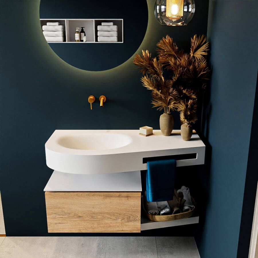 Mondiaz RIVA badmeubelsets 100x50x30cm 1 lade MDF Washed Oak mat push to open 0 kraangaten 1 wasbak links Talc solid surface RIVA10121