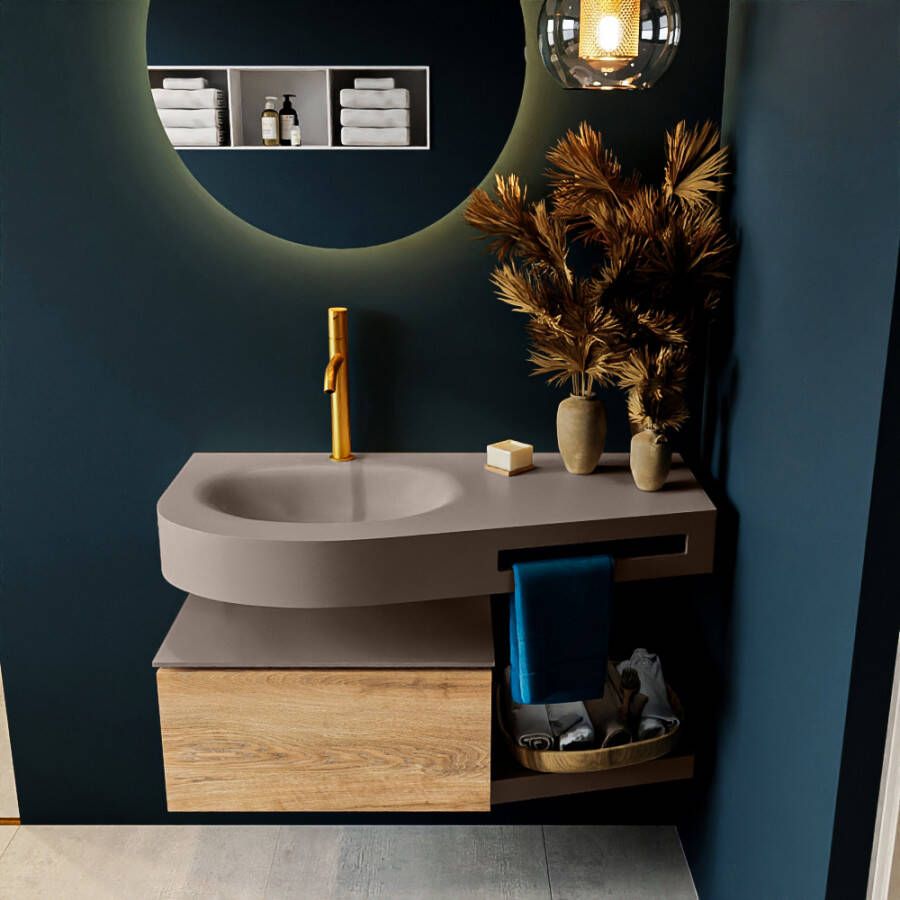 Mondiaz RIVA badmeubelsets 100x50x30cm 1 lade MDF Washed Oak mat push to open 1 kraangat 1 wasbak links Smoke solid surface RIVA11003