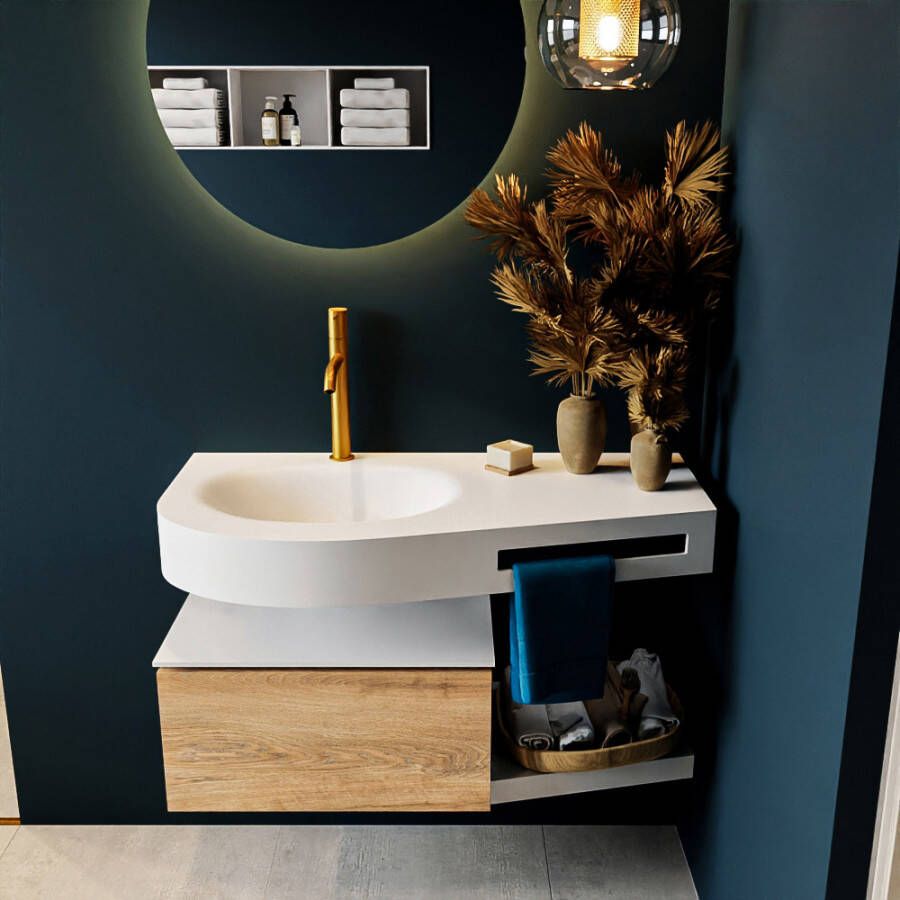 Mondiaz RIVA Badkamermeubelset 100x50x30cm 1 lade MDF Washed Oak mat push to open 1 kraangat wasbak links solid surface talc RIVA10123