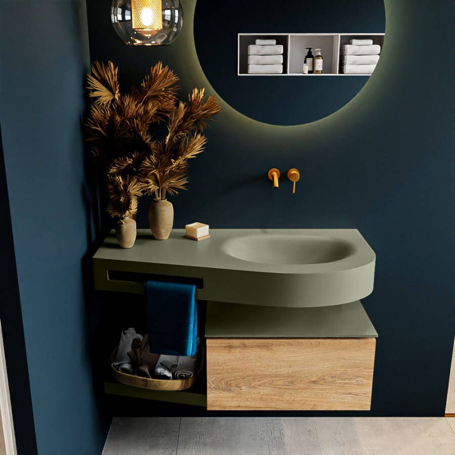 Mondiaz RIVA badmeubelsets 100x50x30cm 1 lade MDF Washed Oak mat push to open 0 kraangaten 1 wasbak rechts Army solid surface RIVA10826 - Foto 2