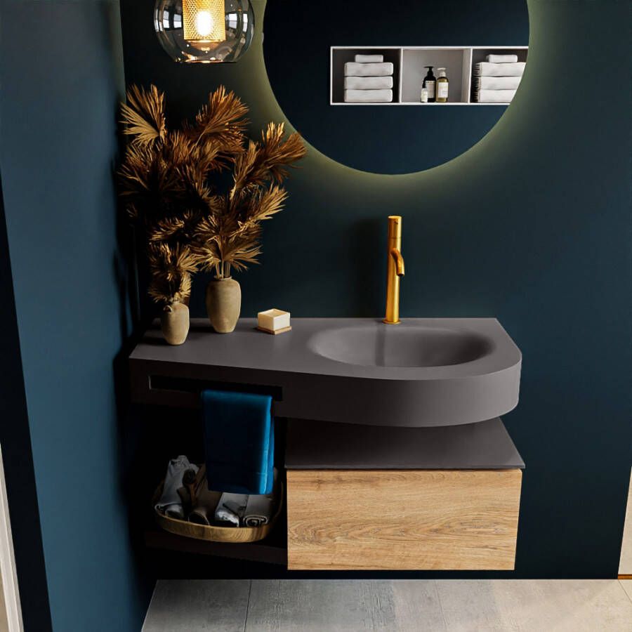 Mondiaz RIVA badmeubelsets 100x50x30cm 1 lade MDF Washed Oak mat push to open 1 kraangat 1 wasbak rechts dark grey solid surface RIVA10476