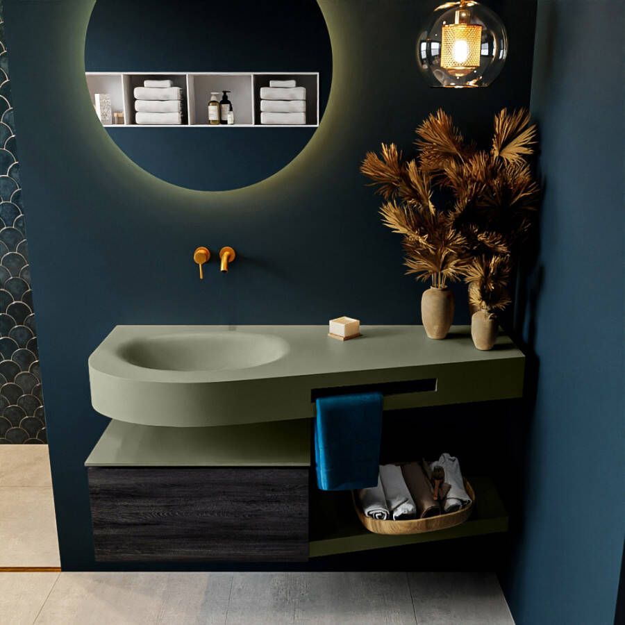 Mondiaz RIVA badmeubelsets 120x50x30cm 1 lade MDF Antracite mat push to open 0 kraangaten 1 wasbak links Army solid surface RIVA10869