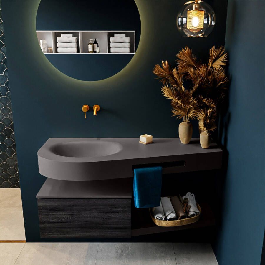 Mondiaz RIVA badmeubelsets 120x50x30cm 1 lade MDF Antracite mat push to open 0 kraangaten 1 wasbak links dark grey solid surface RIVA10517