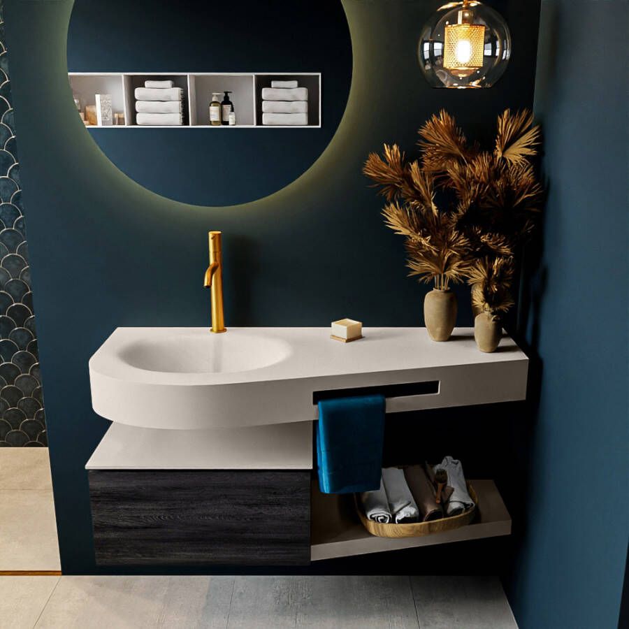 Mondiaz RIVA badmeubelsets 120x50x30cm 1 lade MDF Antracite mat push to open 1 kraangat 1 wasbak links Linen solid surface RIVA10695