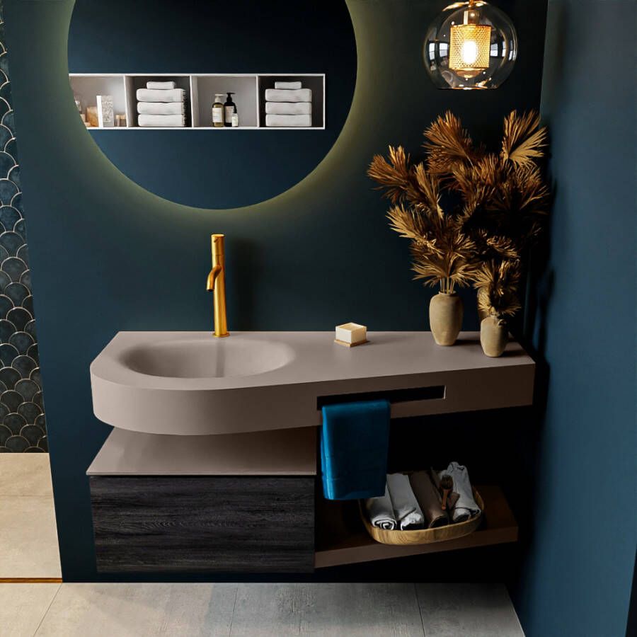 Mondiaz RIVA badmeubelsets 120x50x30cm 1 lade MDF Antracite mat push to open 1 kraangat 1 wasbak links Smoke solid surface RIVA11047