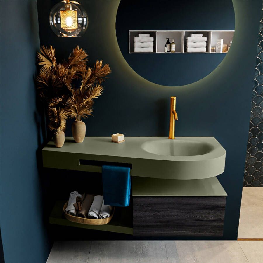 Mondiaz RIVA badmeubelsets 120x50x30cm 1 lade MDF Antracite mat push to open 1 kraangat 1 wasbak rechts Army solid surface RIVA10872